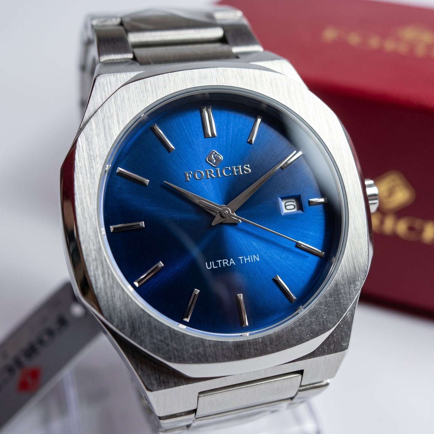FORICHS Men's Ultra-Thin Quartz Watch – Sapphire Crystal, Steel & Blue Dial & Date