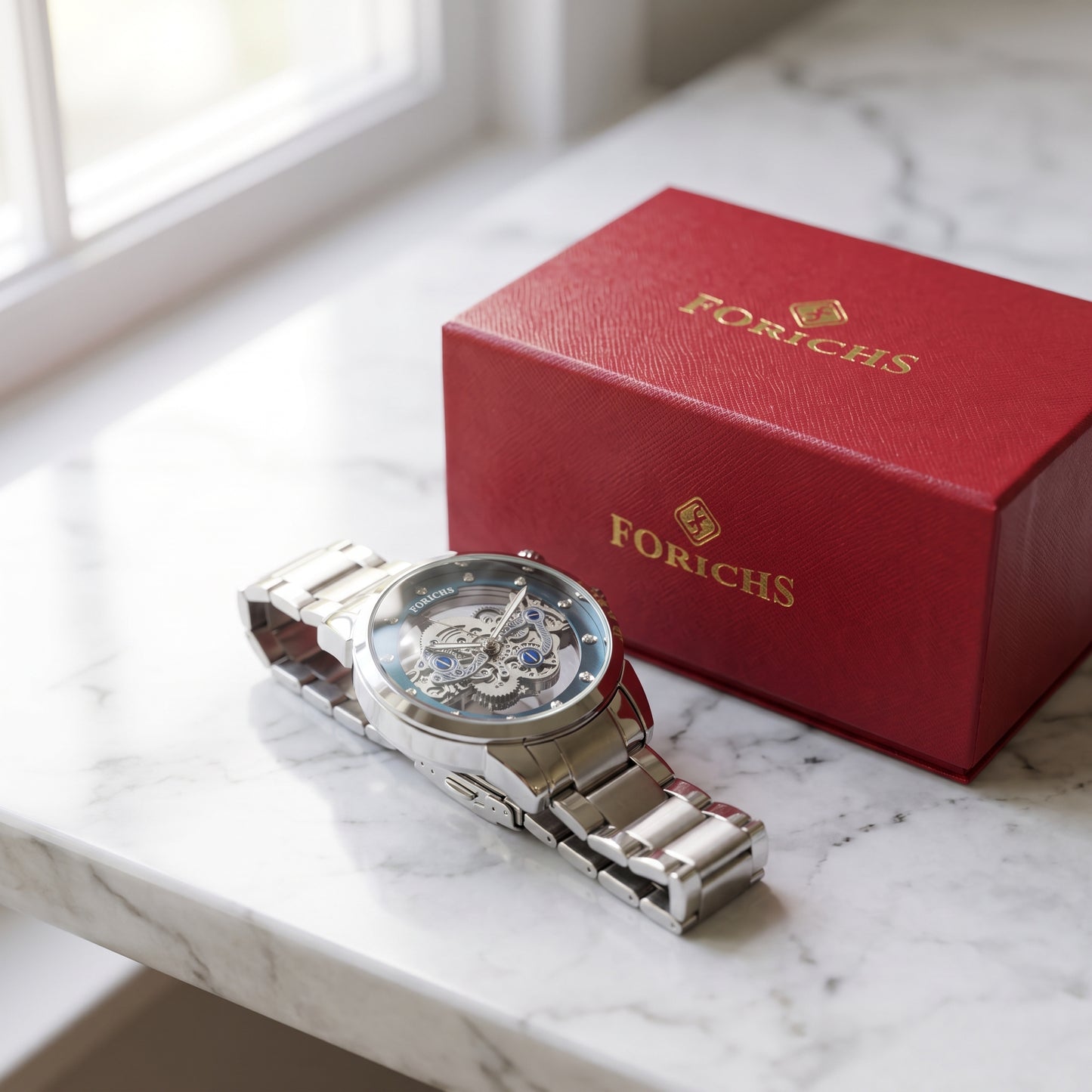 FORICHS Quartz Skeleton Watch with Blue Transparent Dial