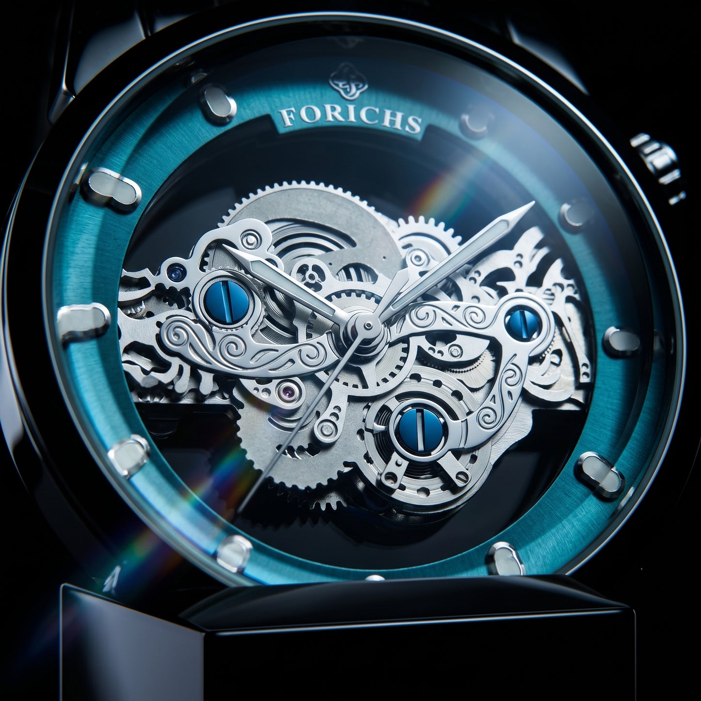 FORICHS Quartz Skeleton Watch with Blue Transparent Dial
