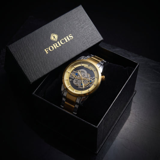FORICHS two-tone gold automatic skeleton watch with transparent dial and gold bezel, front view
forichs-two-tone-skeleton-watch-07-box.