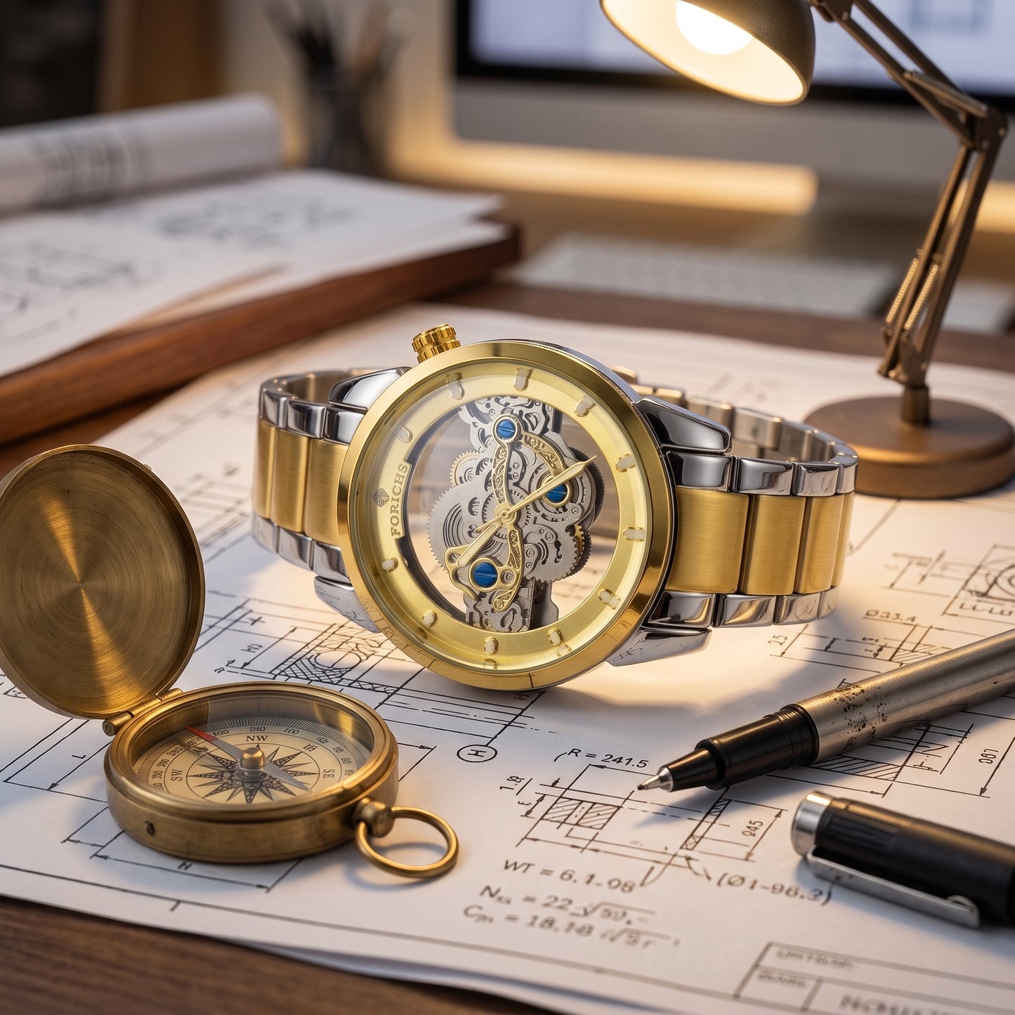 FORICHS Two-Tone Gold Quartz Skeleton Watch