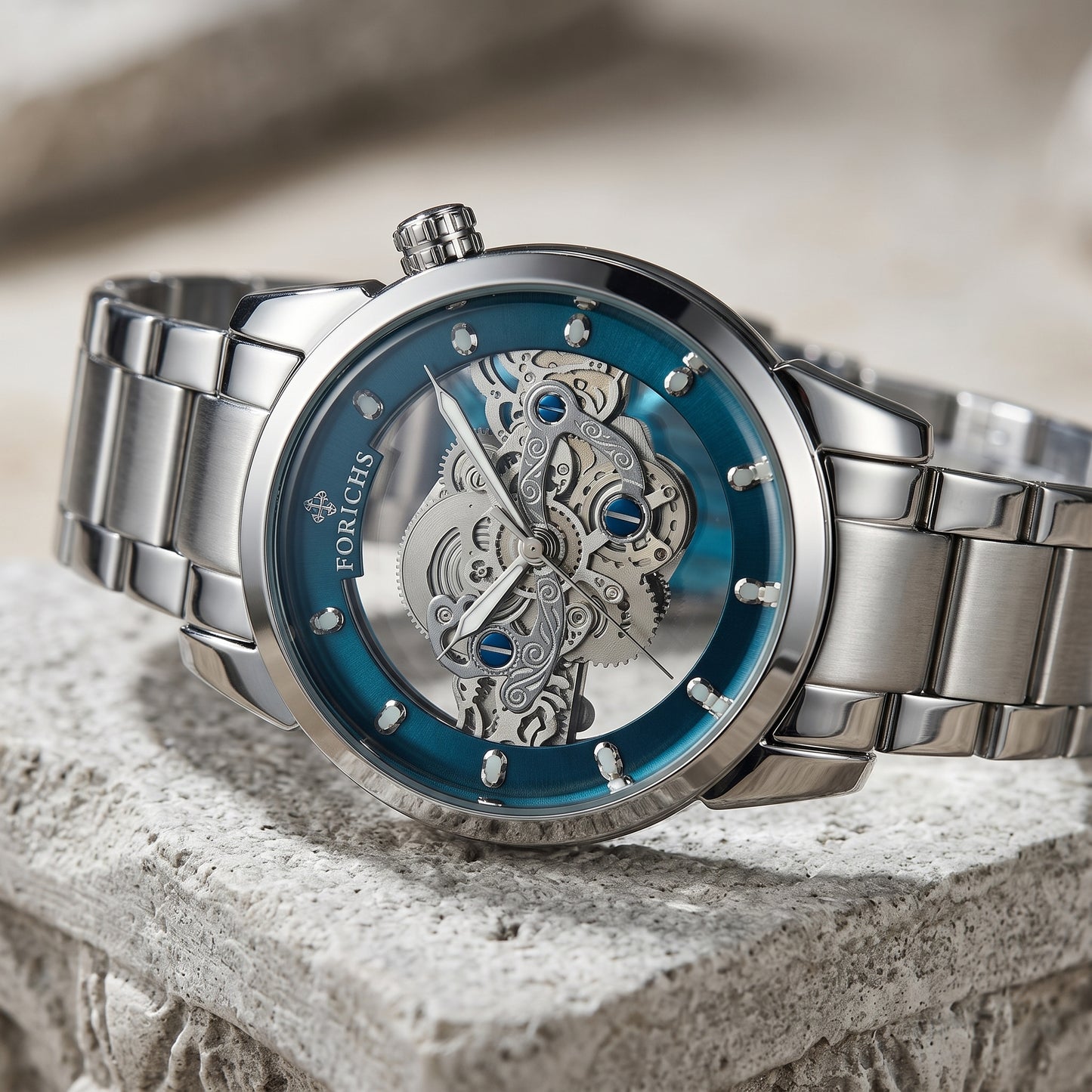 FORICHS Quartz Skeleton Watch with Blue Transparent Dial