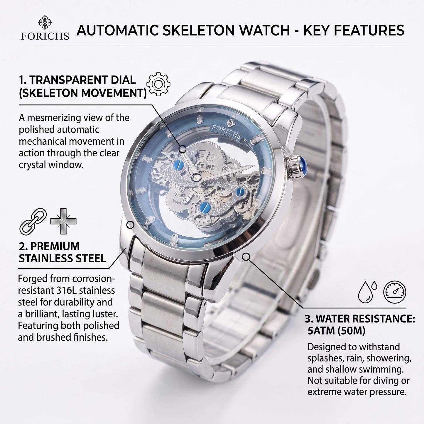 FORICHS Quartz Skeleton Watch with Blue Transparent Dial
