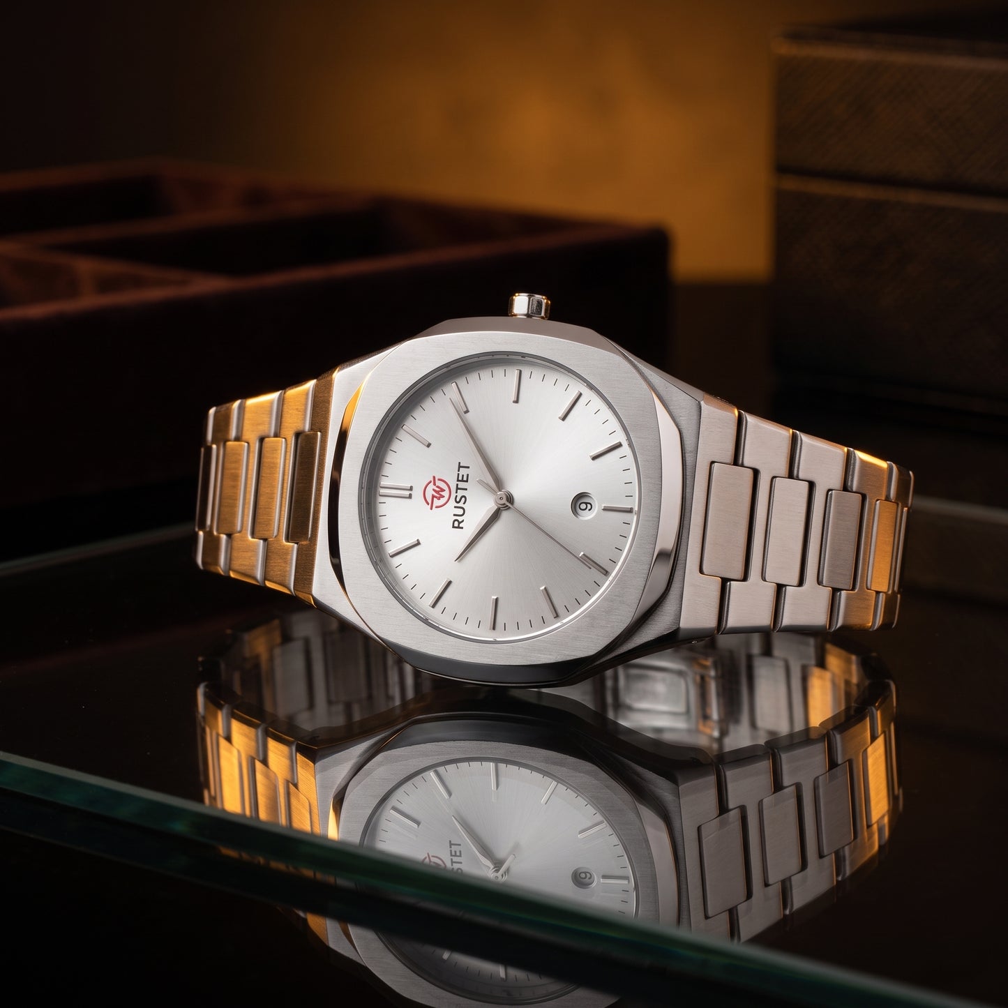 RUSTET Men's Ultra-Thin Sunburst Watch – Heavy Steel, Date Window & Waterproof