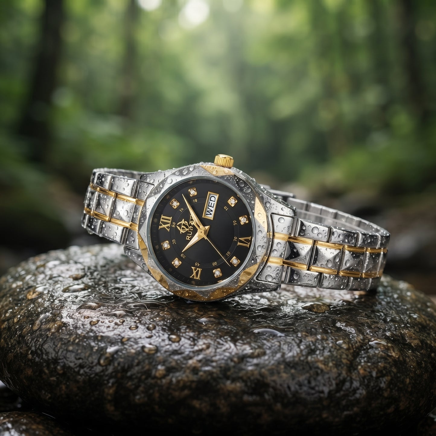 RUSTET Women's Two-Tone Gold & Silver Waterproof Watch – Black Dial, Day-Date