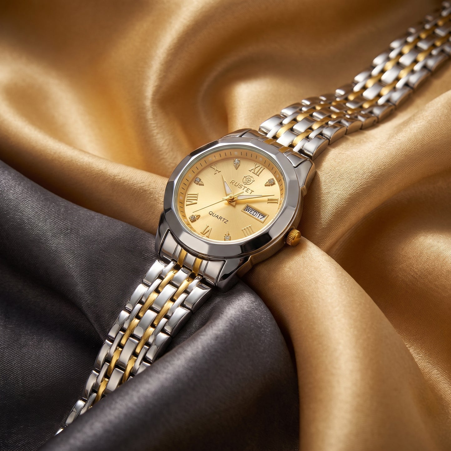 RUSTET Women's Waterproof Two-Tone Watch – Gold Dial, Day-Date, Double Lock Clasp