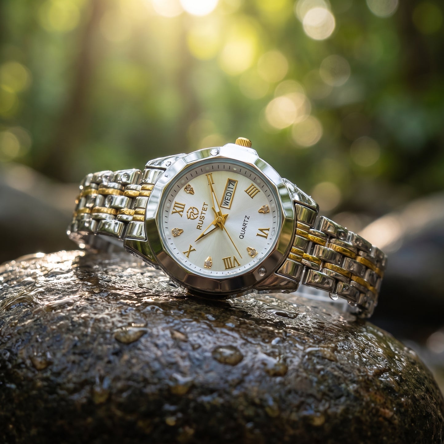 RUSTET Women's Waterproof  Two-Tone Watch – White Dial, Gold Accents, Day-Date