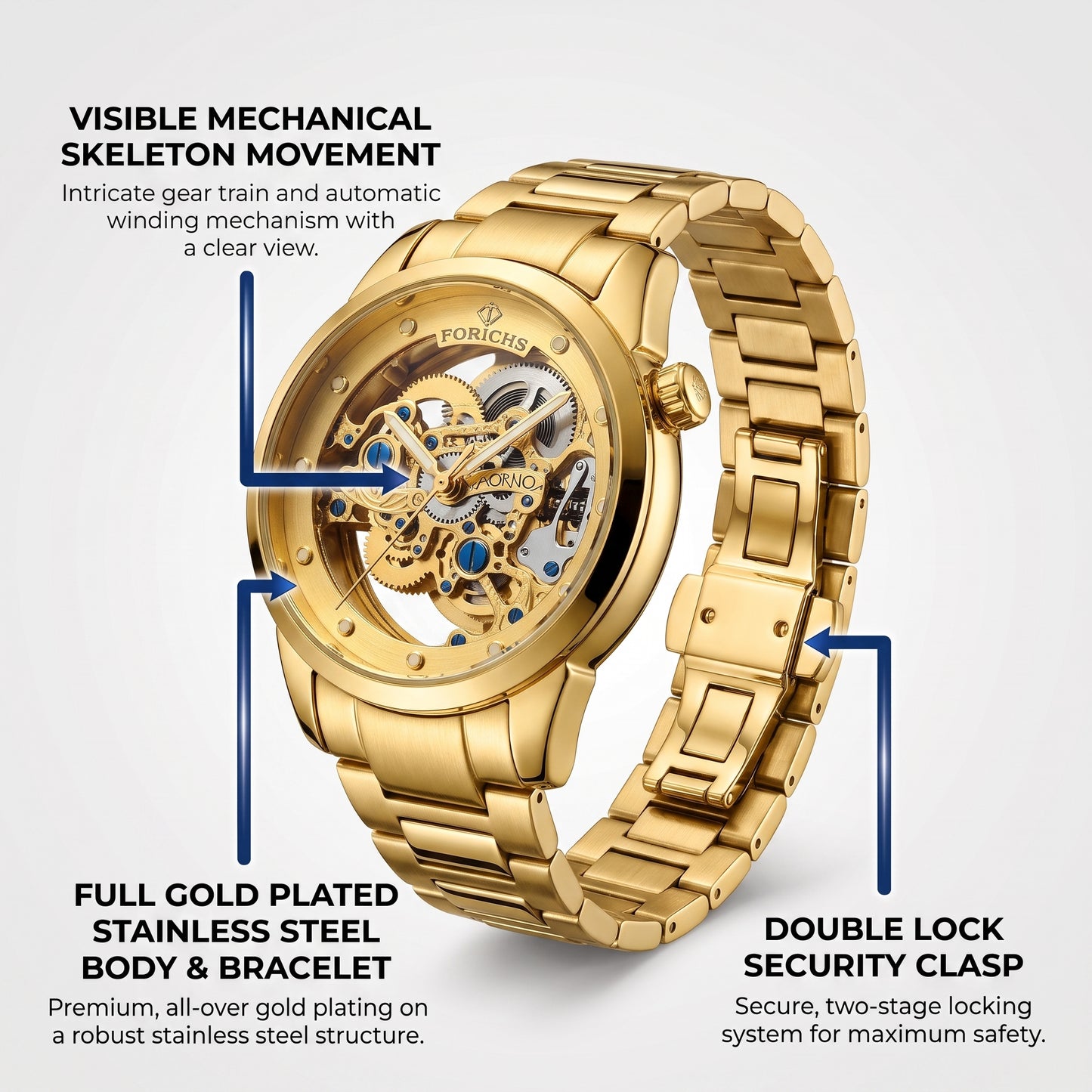 FORICHS Full Gold Quartz Skeleton Watch