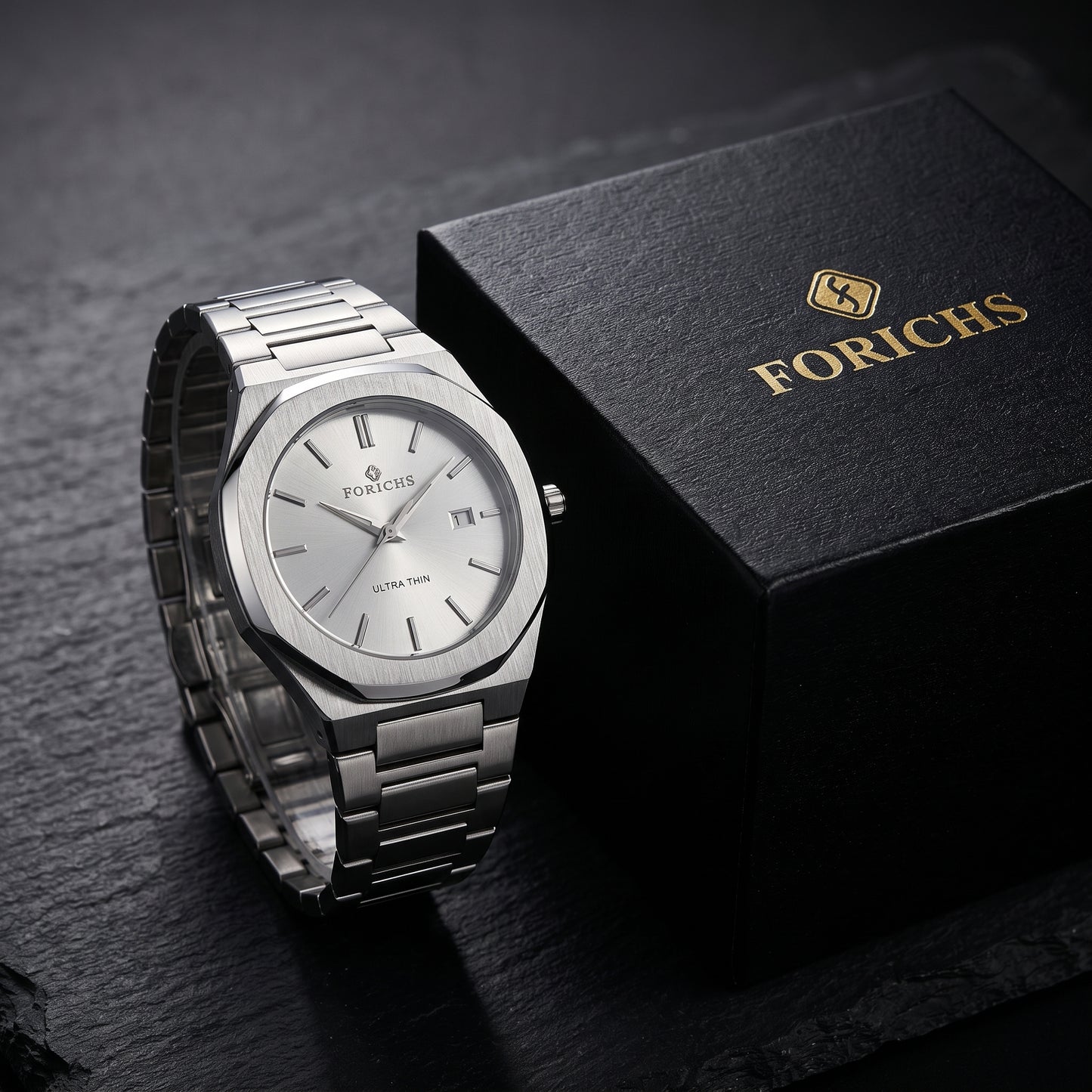 FORICHS Men’s Ultra-Thin Quartz Watch – Sapphire Crystal, Stainless Steel & Date