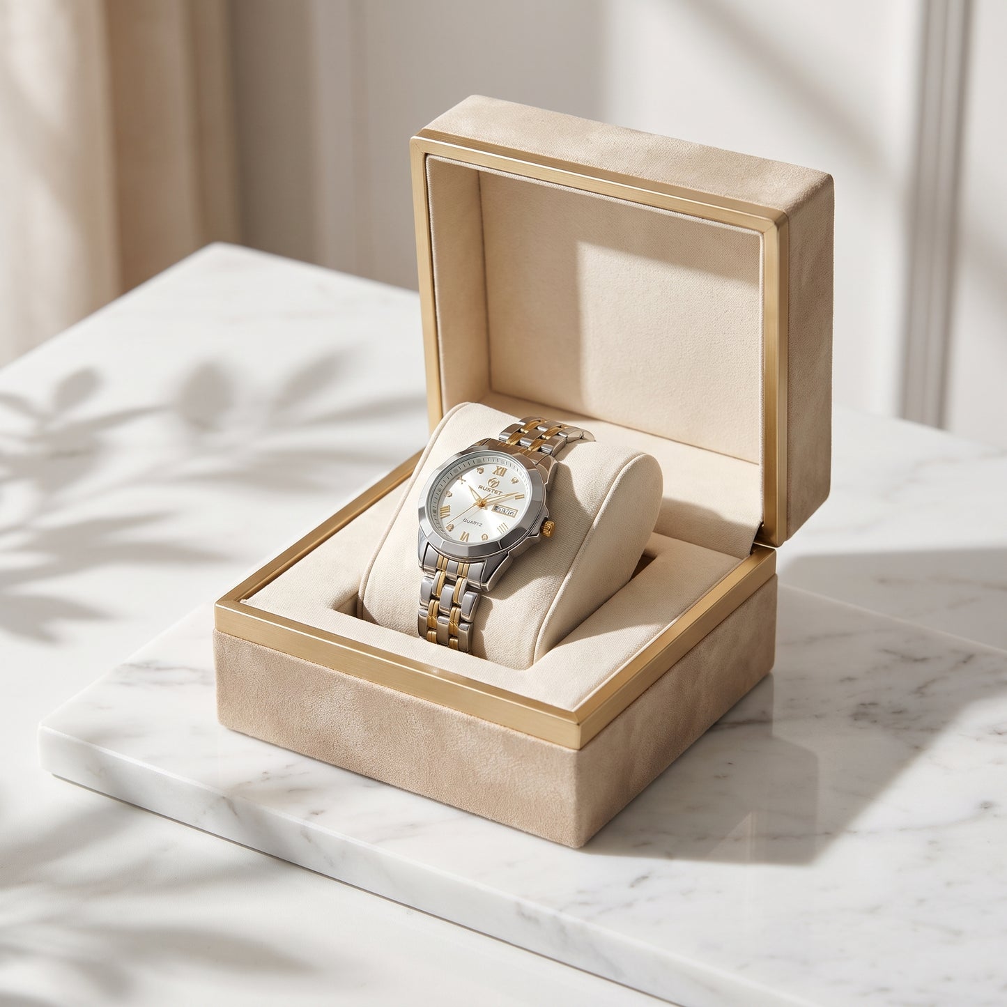 RUSTET Women's Waterproof  Two-Tone Watch – White Dial, Gold Accents, Day-Date