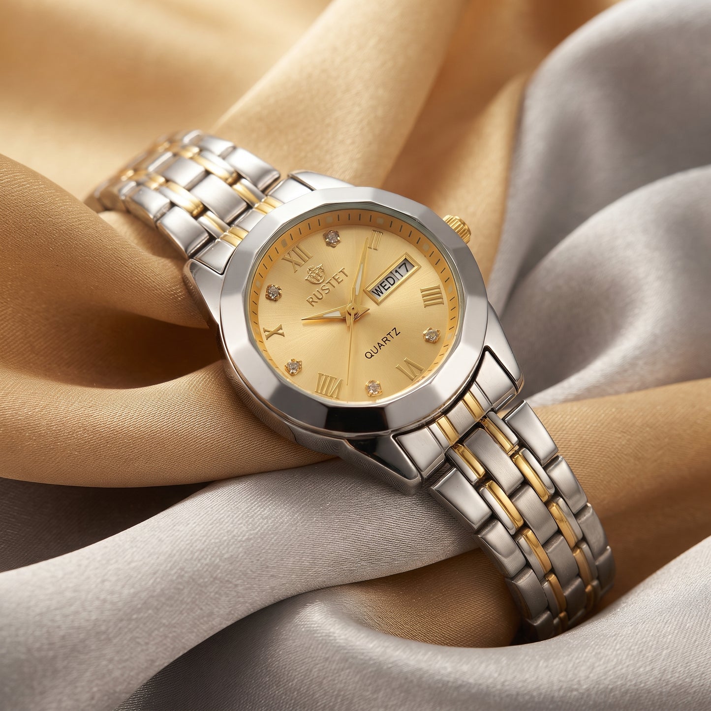 RUSTET Women's Waterproof Two-Tone Watch – Gold Dial, Day-Date, Double Lock Clasp