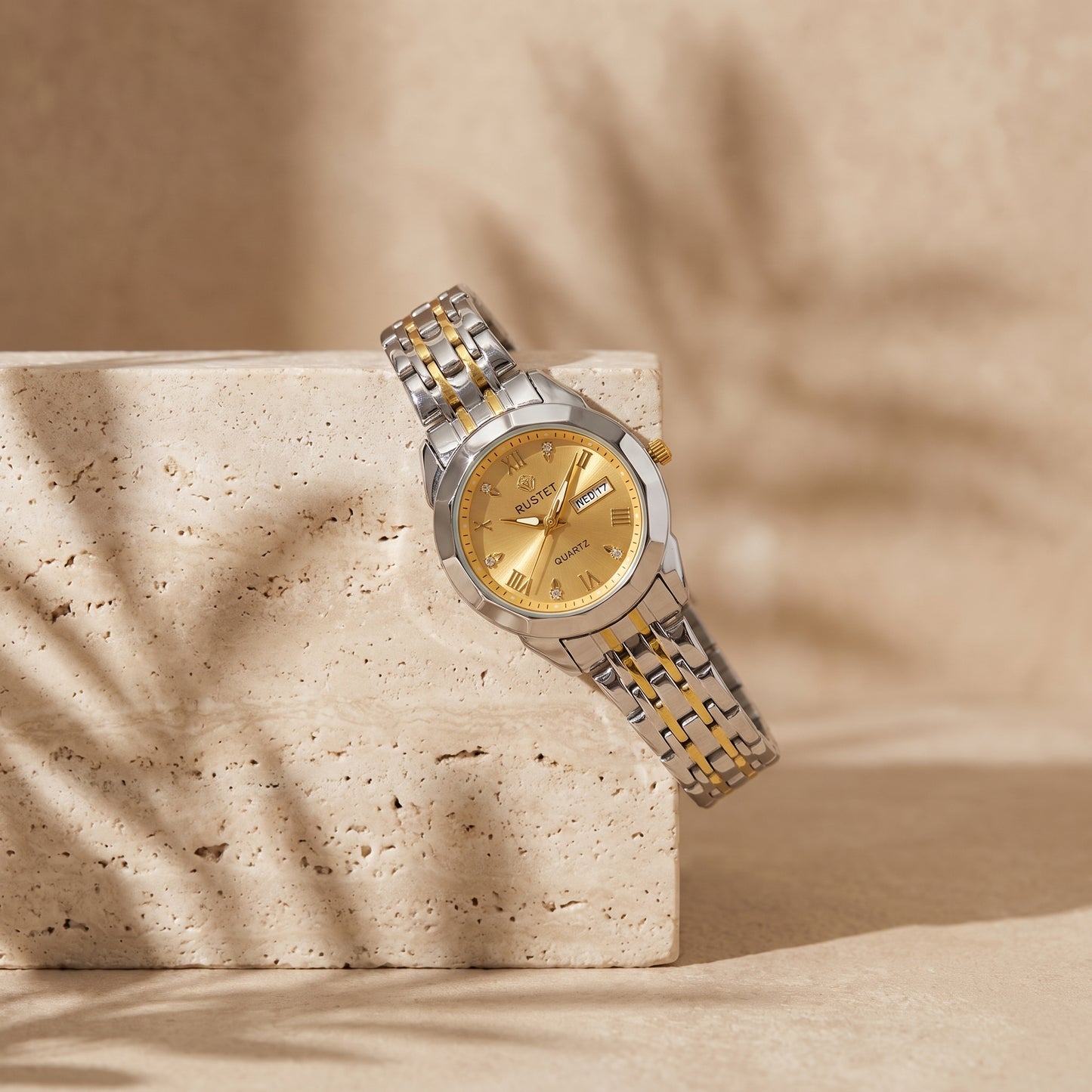 RUSTET Women's Waterproof Two-Tone Watch – Gold Dial, Day-Date, Double Lock Clasp