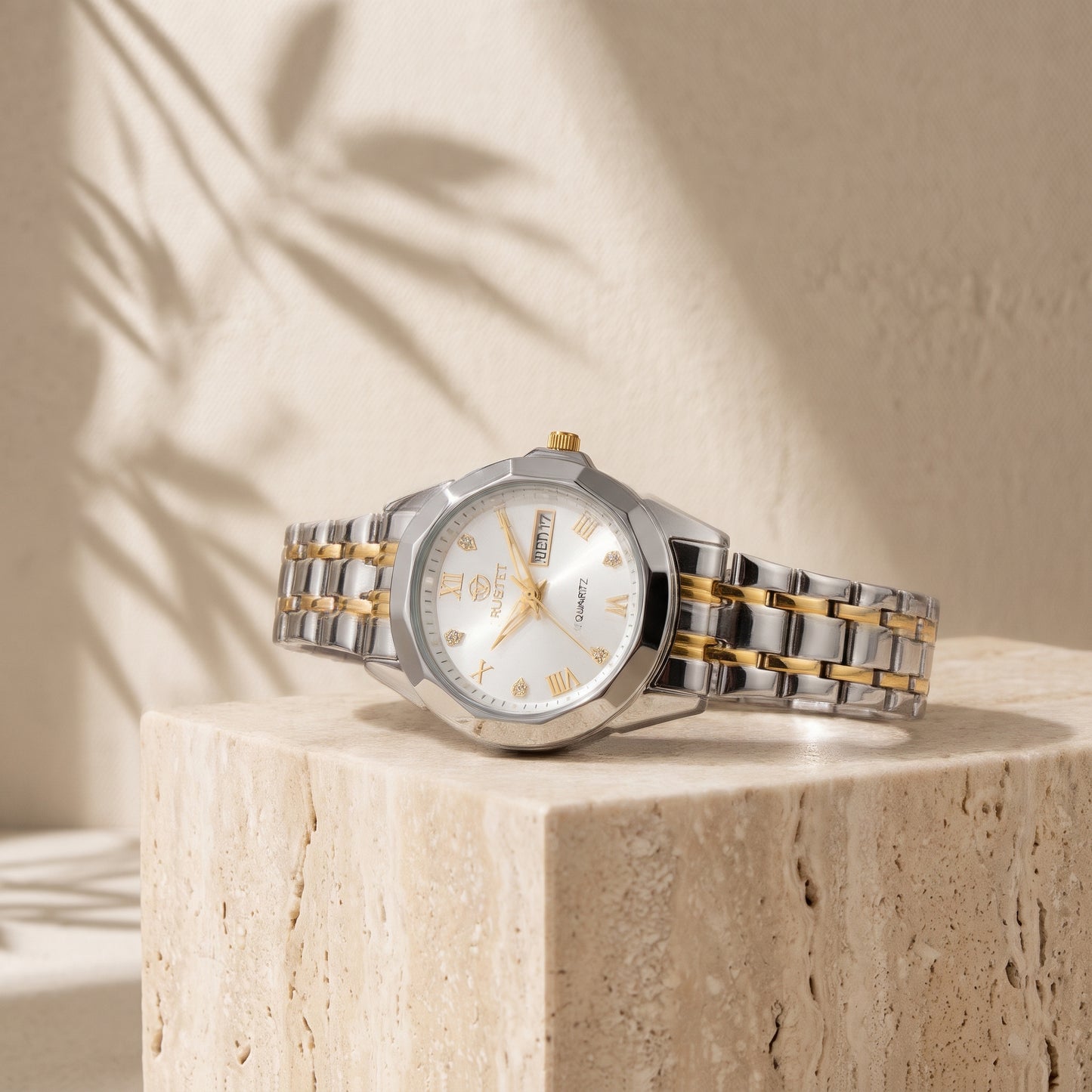 RUSTET Women's Waterproof  Two-Tone Watch – White Dial, Gold Accents, Day-Date