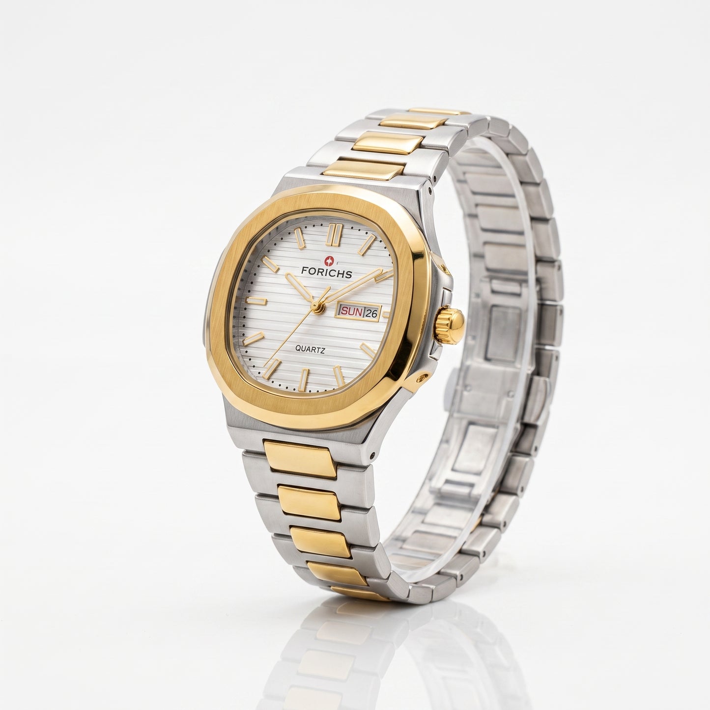 FORICHS Two-Tone Gold and Silver White Dial Stainless Steel Quartz Watch for Men