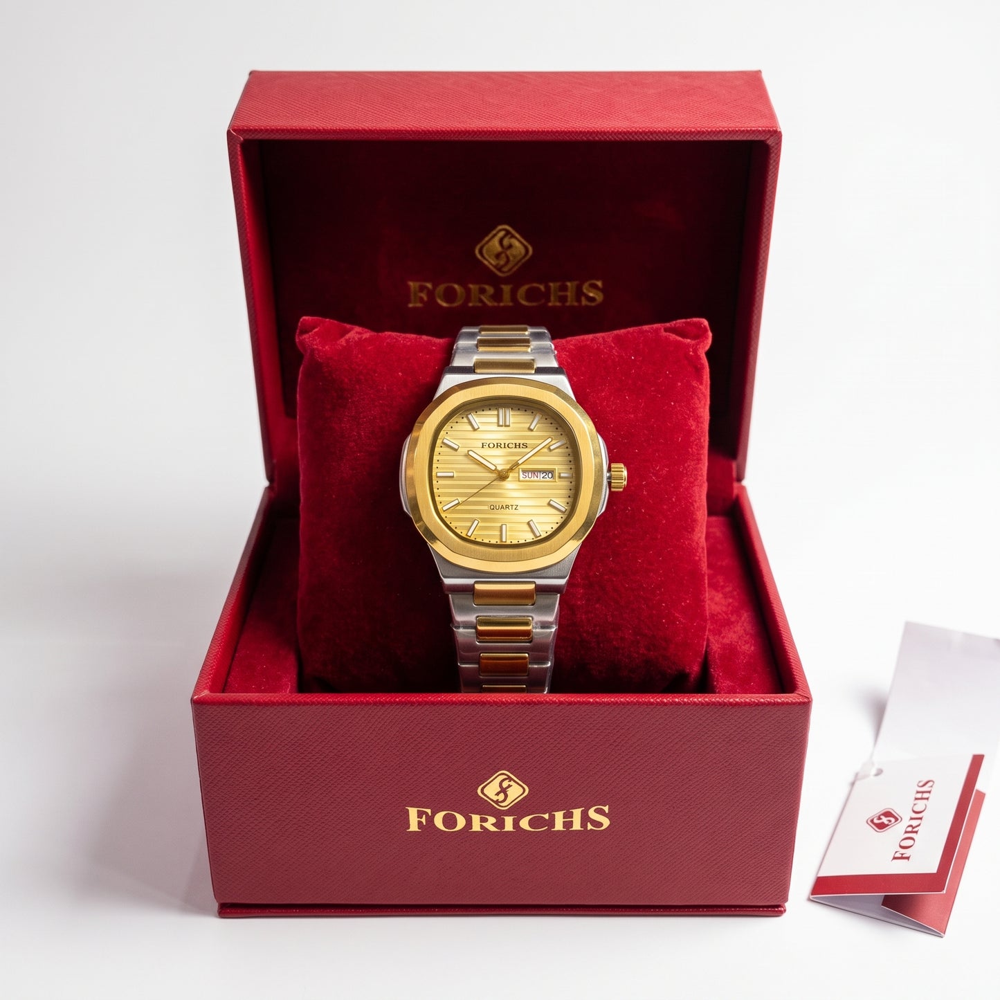 FORICHS Two-Tone Gold Dial Quartz Watch with Day-Date Display