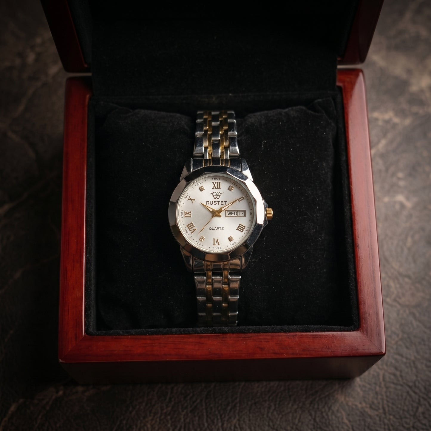 RUSTET Women's Waterproof  Two-Tone Watch – White Dial, Gold Accents, Day-Date