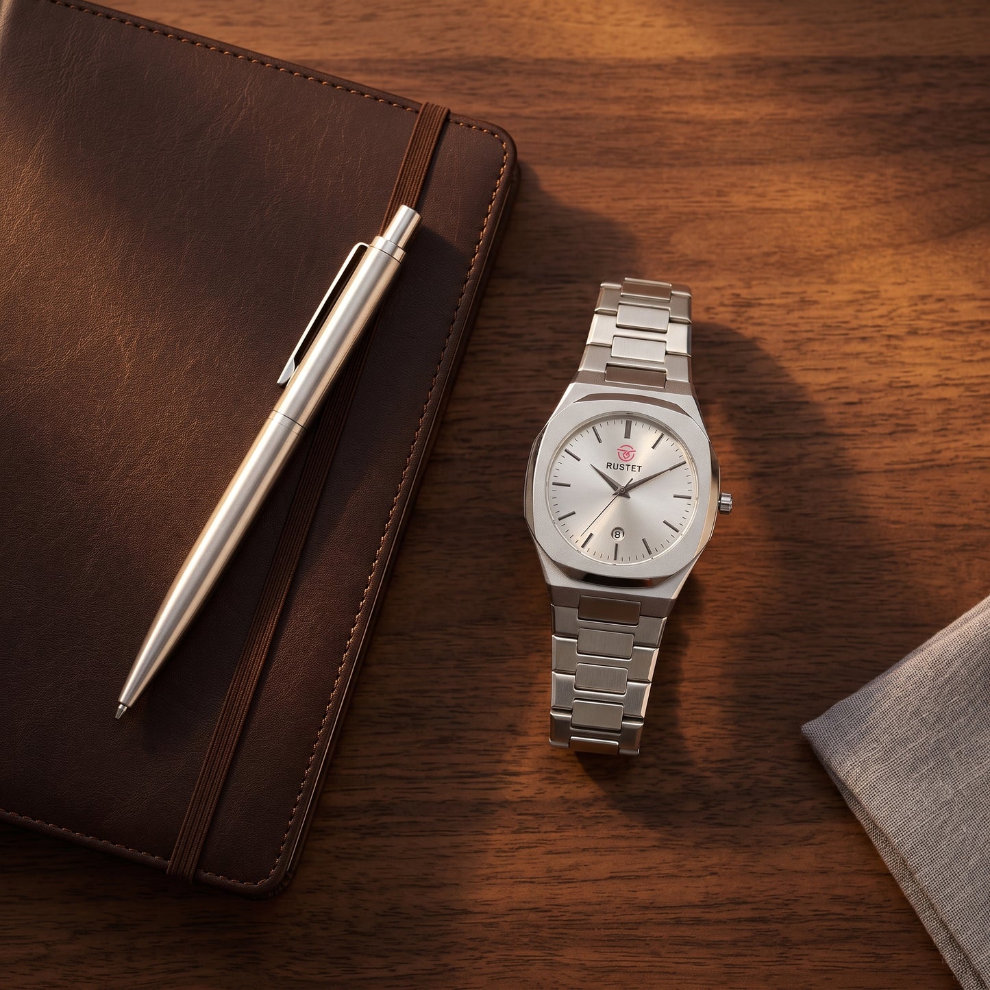 RUSTET Men's Ultra-Thin Sunburst Watch – Heavy Steel, Date Window & Waterproof