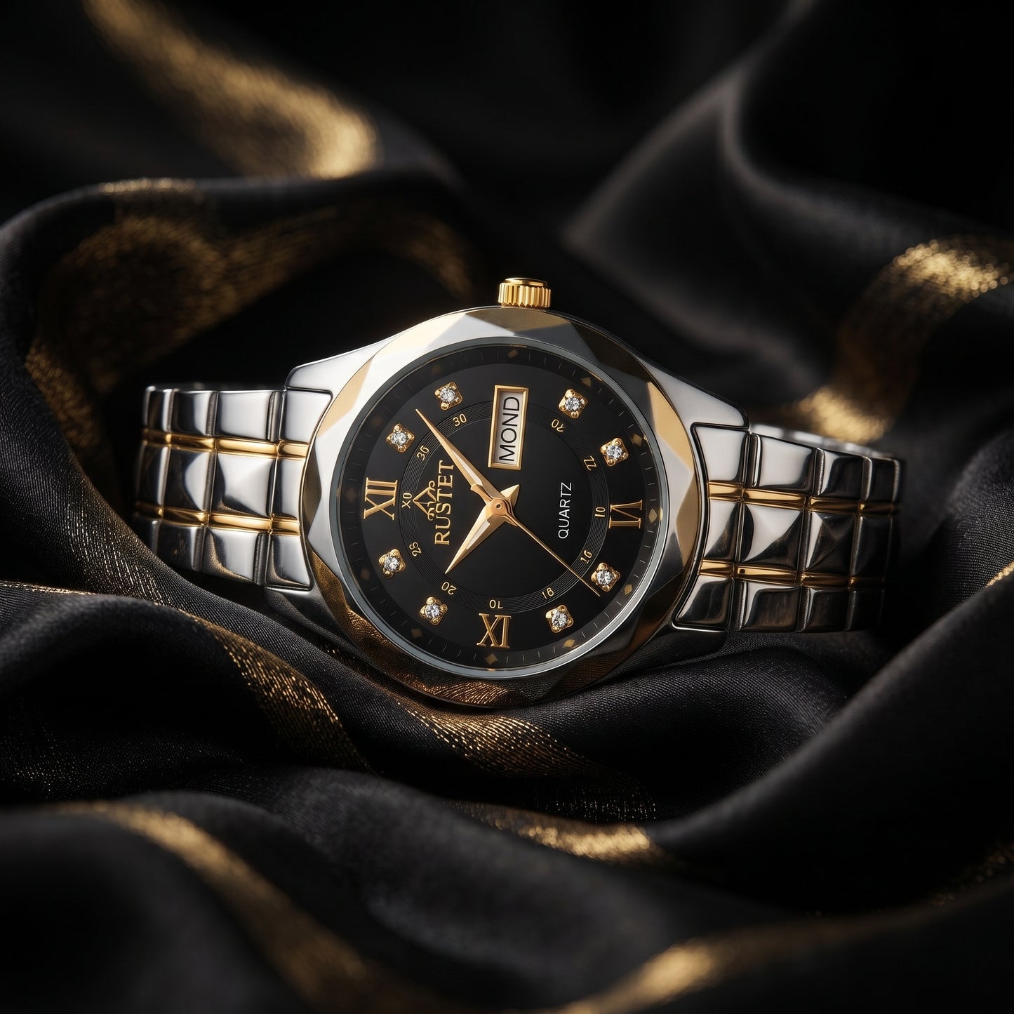 RUSTET Women's Two-Tone Gold & Silver Waterproof Watch – Black Dial, Day-Date