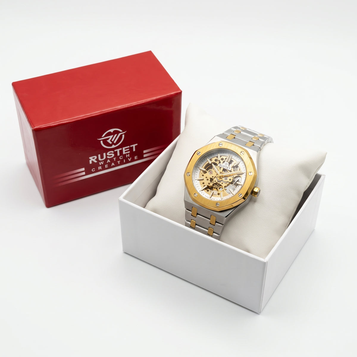 RUSTET Men's Two-Tone Skeleton Watch – Automatic Movement, Steel & Waterproof