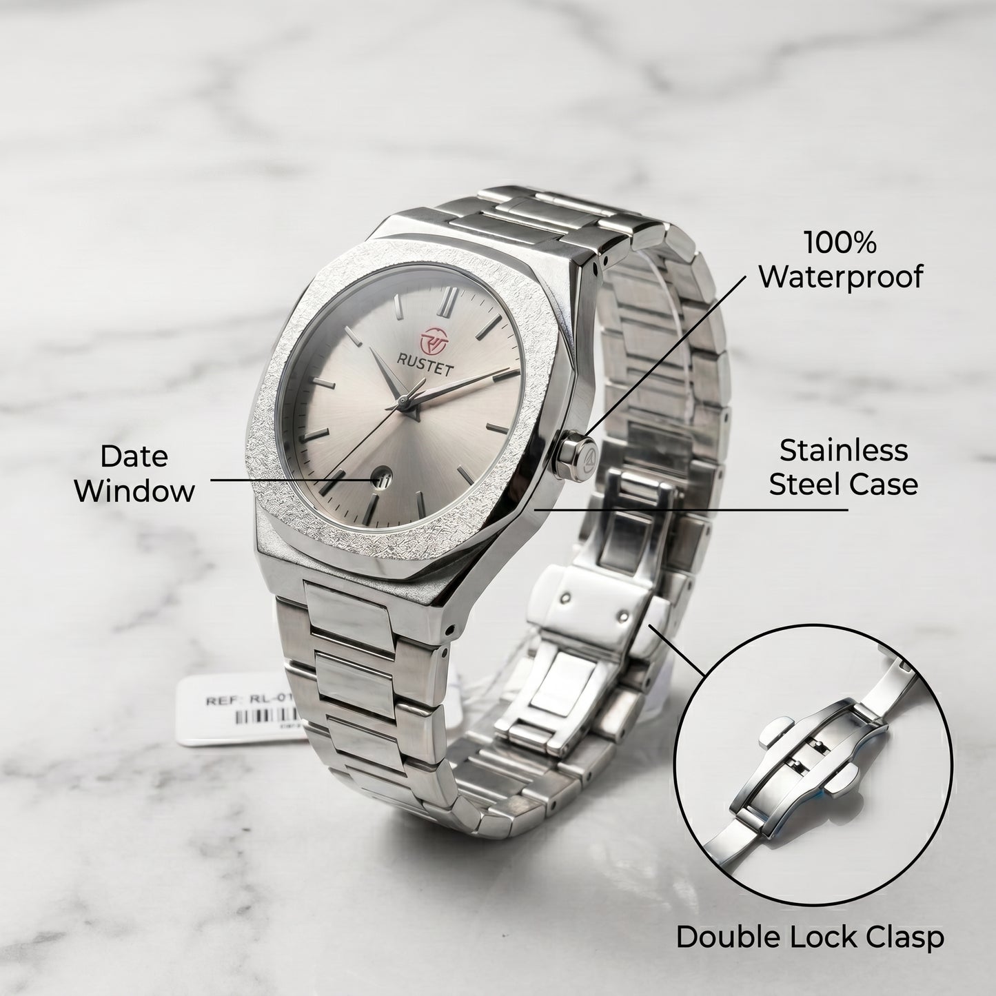 RUSTET Men's Ultra-Thin Sunburst Watch – Grey Dial, Heavy Steel & Waterproof