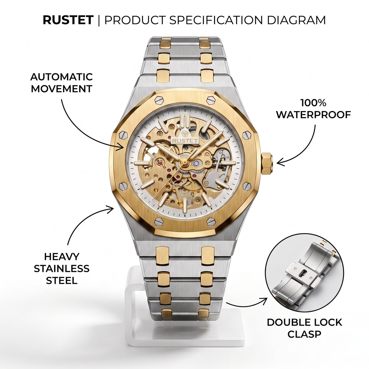 RUSTET Men's Two-Tone Skeleton Watch – Automatic Movement, Steel & Waterproof