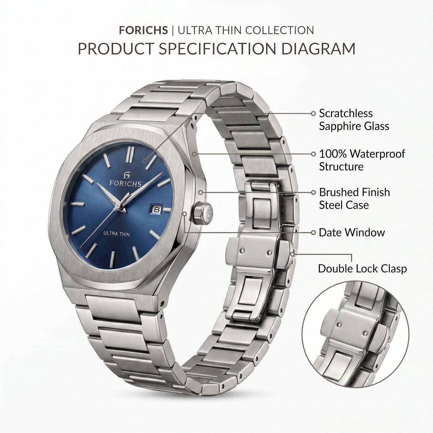 FORICHS Men's Ultra-Thin Quartz Watch – Sapphire Crystal, Steel & Blue Dial & Date