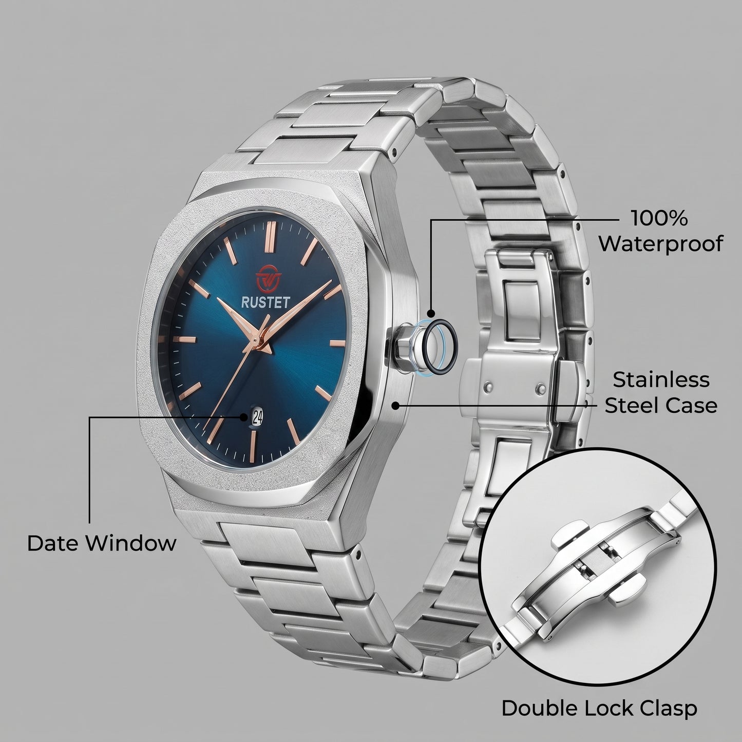 RUSTET Men's Ultra-Thin Sunburst Watch – Blue Dial, Heavy Steel & Waterproof