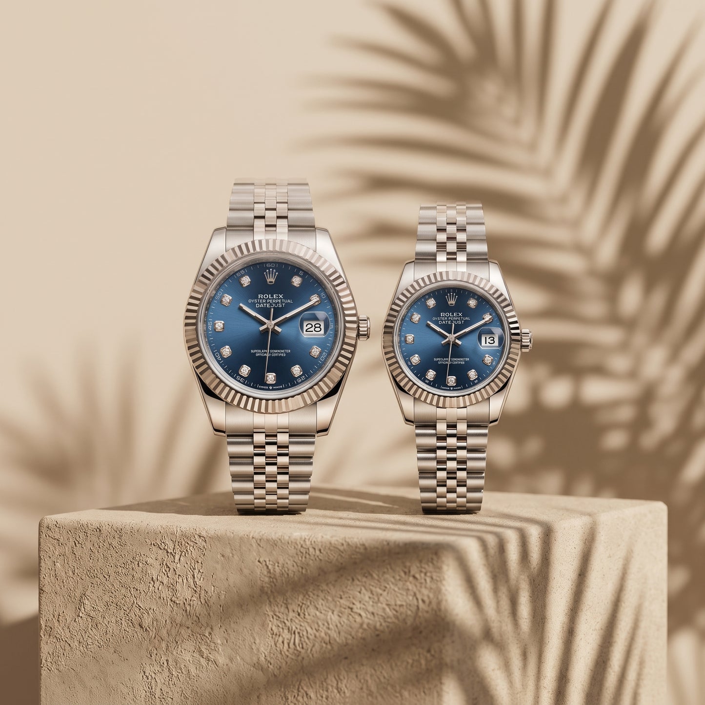 Rolex Datejust Couple Watch Set – Blue Dial, Fluted Bezel & Jubilee Bracelet (His & Hers)