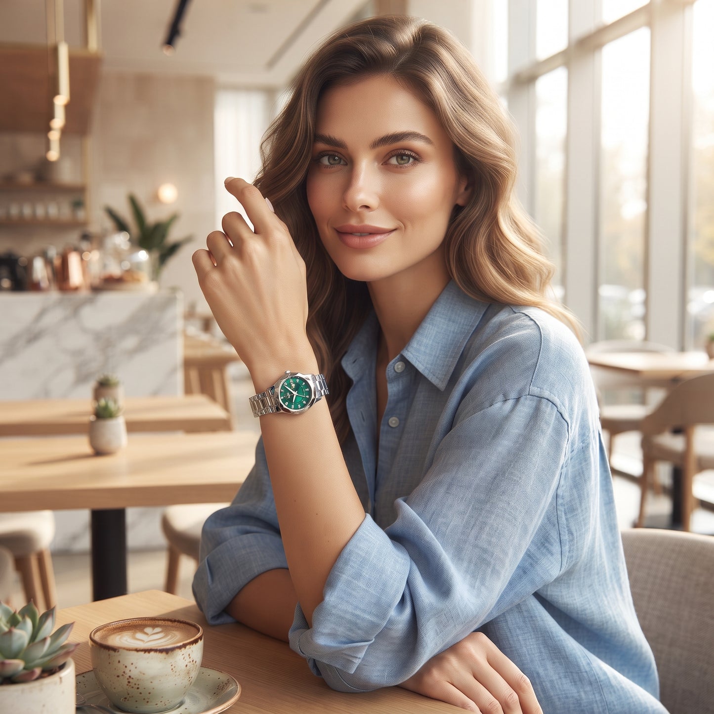 RUSTET Women's 3D Faceted Crystal Watch – Green Steel, Waterproof & Day-Date