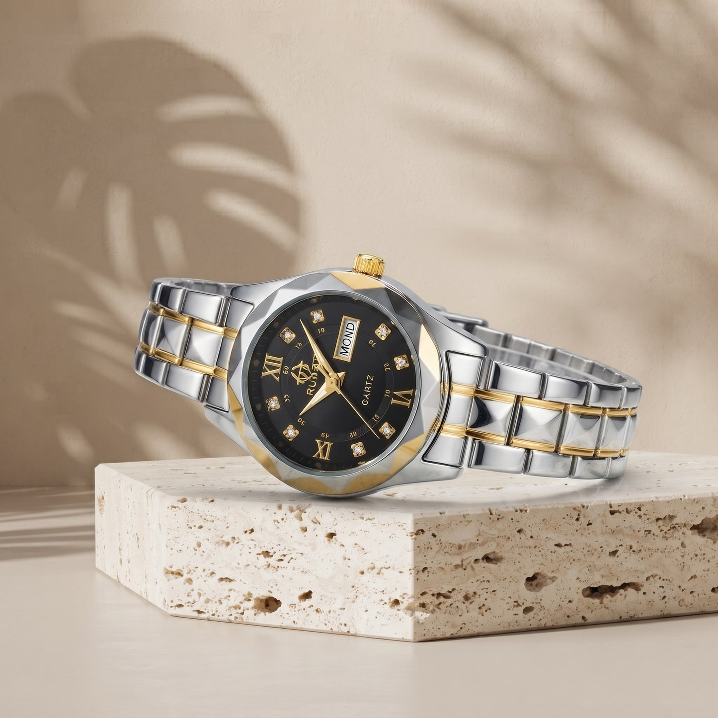 RUSTET Women's Two-Tone Gold & Silver Waterproof Watch – Black Dial, Day-Date