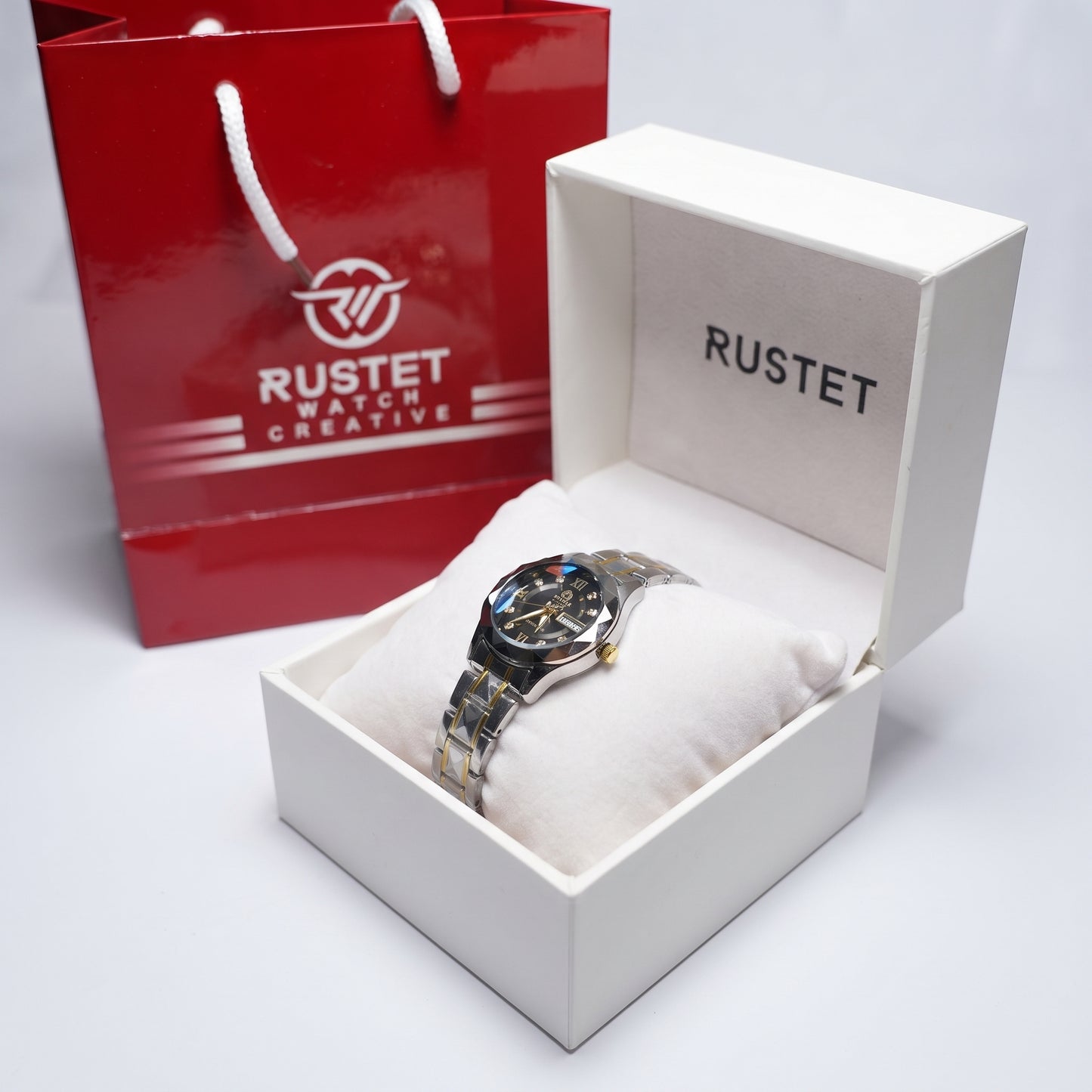 RUSTET Women's Two-Tone Gold & Silver Waterproof Watch – Black Dial, Day-Date