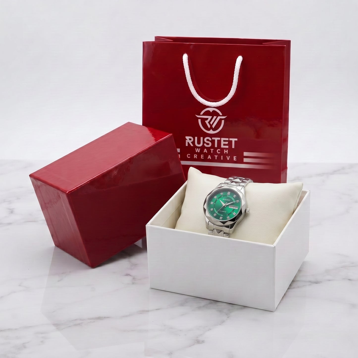 RUSTET Women's 3D Faceted Crystal Watch – Green Steel, Waterproof & Day-Date
