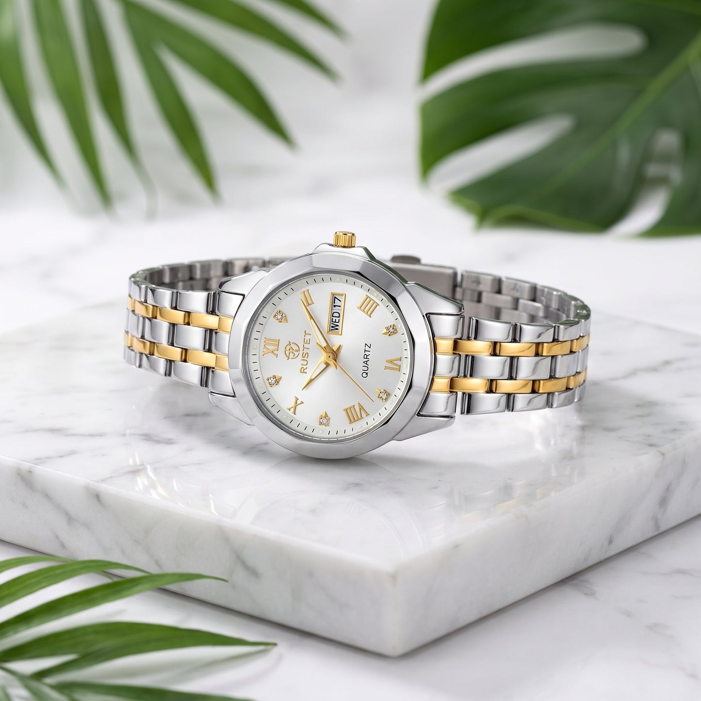 RUSTET Women's Waterproof  Two-Tone Watch – White Dial, Gold Accents, Day-Date