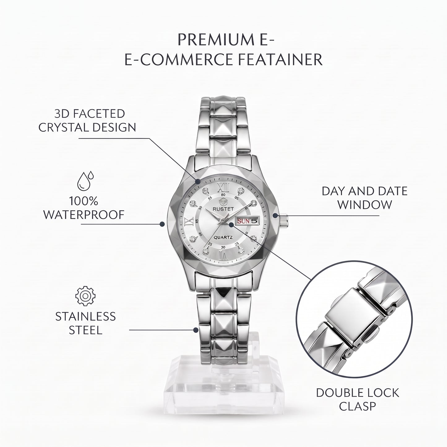 RUSTET Women's 3D Faceted Crystal Watch – Silver Steel, Waterproof & Day-Date