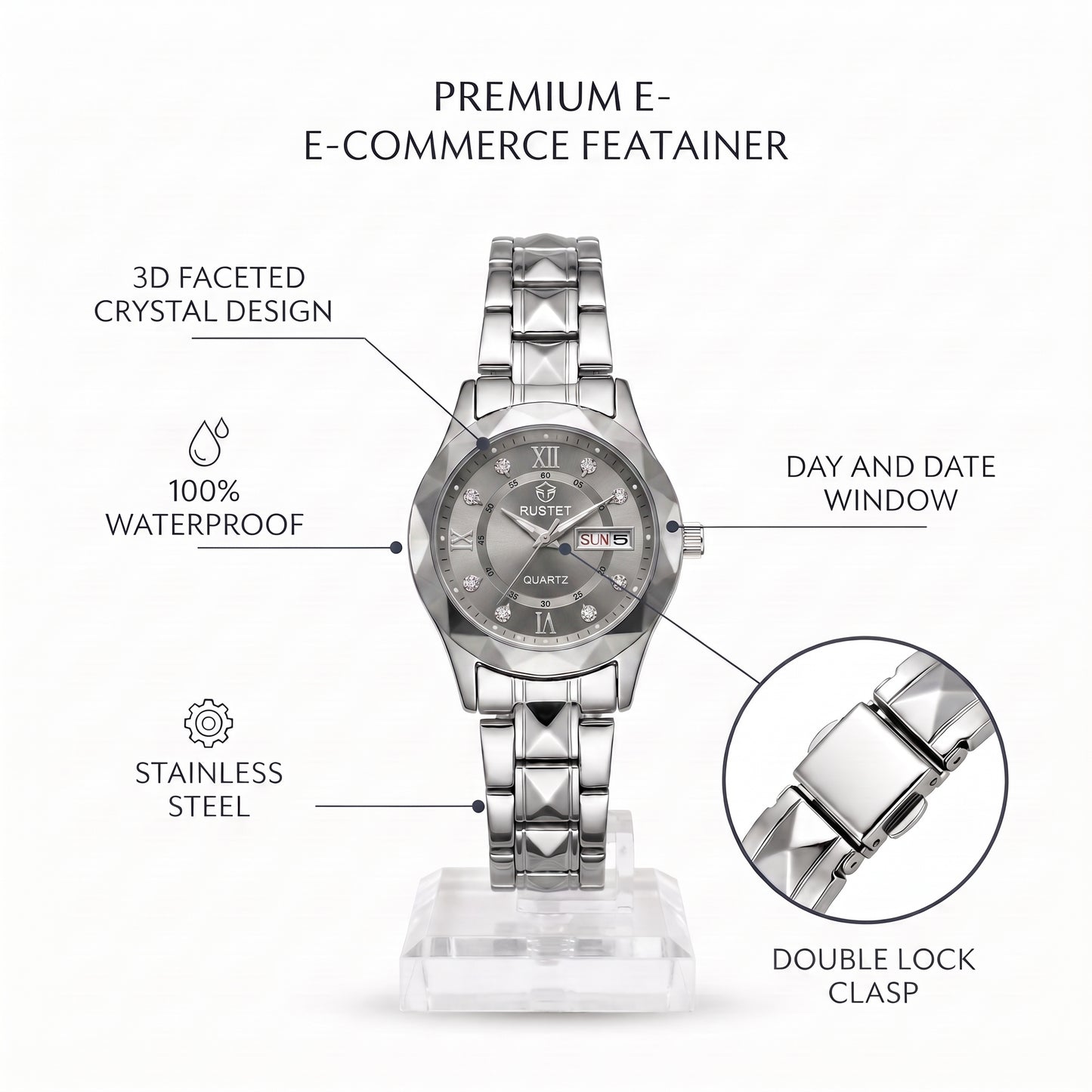RUSTET Women's 3D Faceted Crystal Watch – Grey Steel, Waterproof & Day-Date