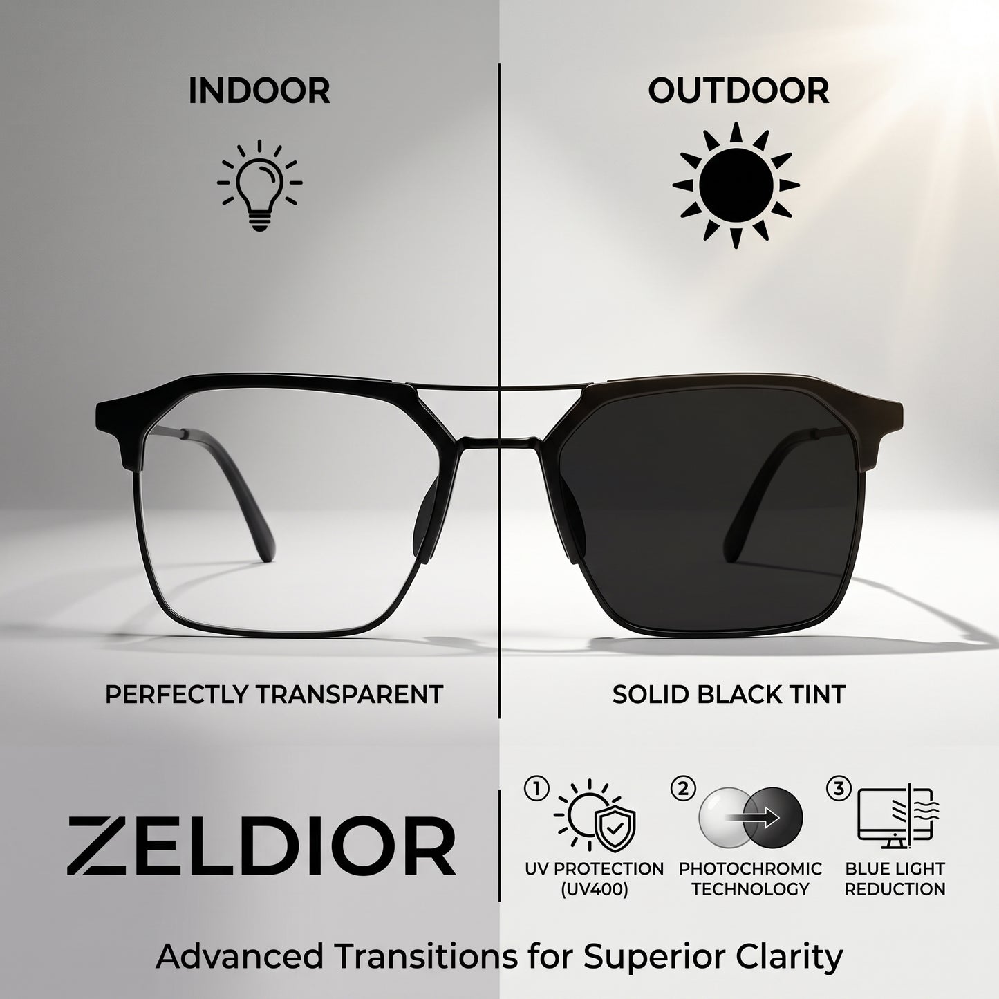 ZELDIOR Photochromic Sunglasses – Adaptive UV400 Lens, Brown Aviator Frame