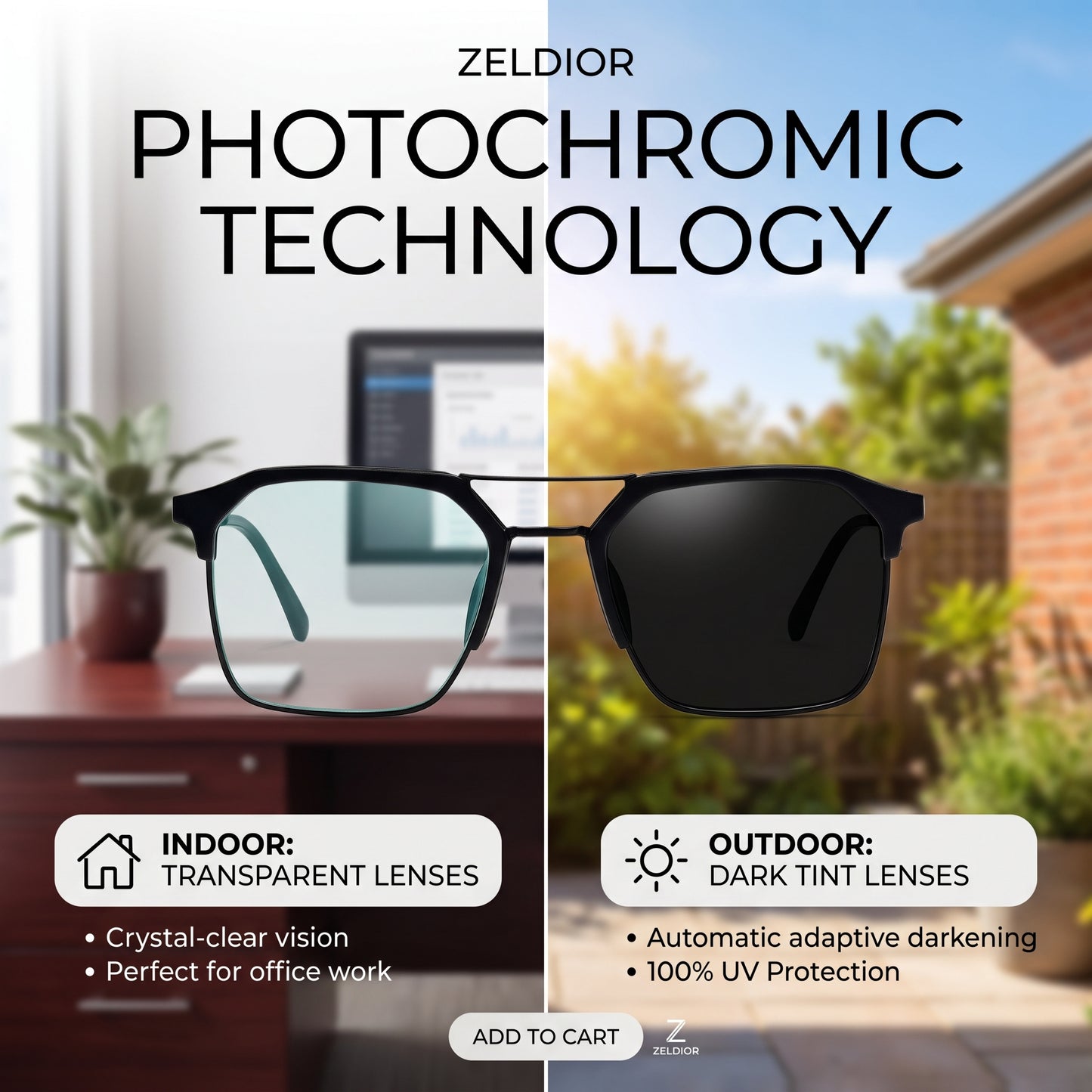 ZELDIOR Photochromic Sunglasses – Adaptive UV400 Lens, Matte Black Aviator Frame