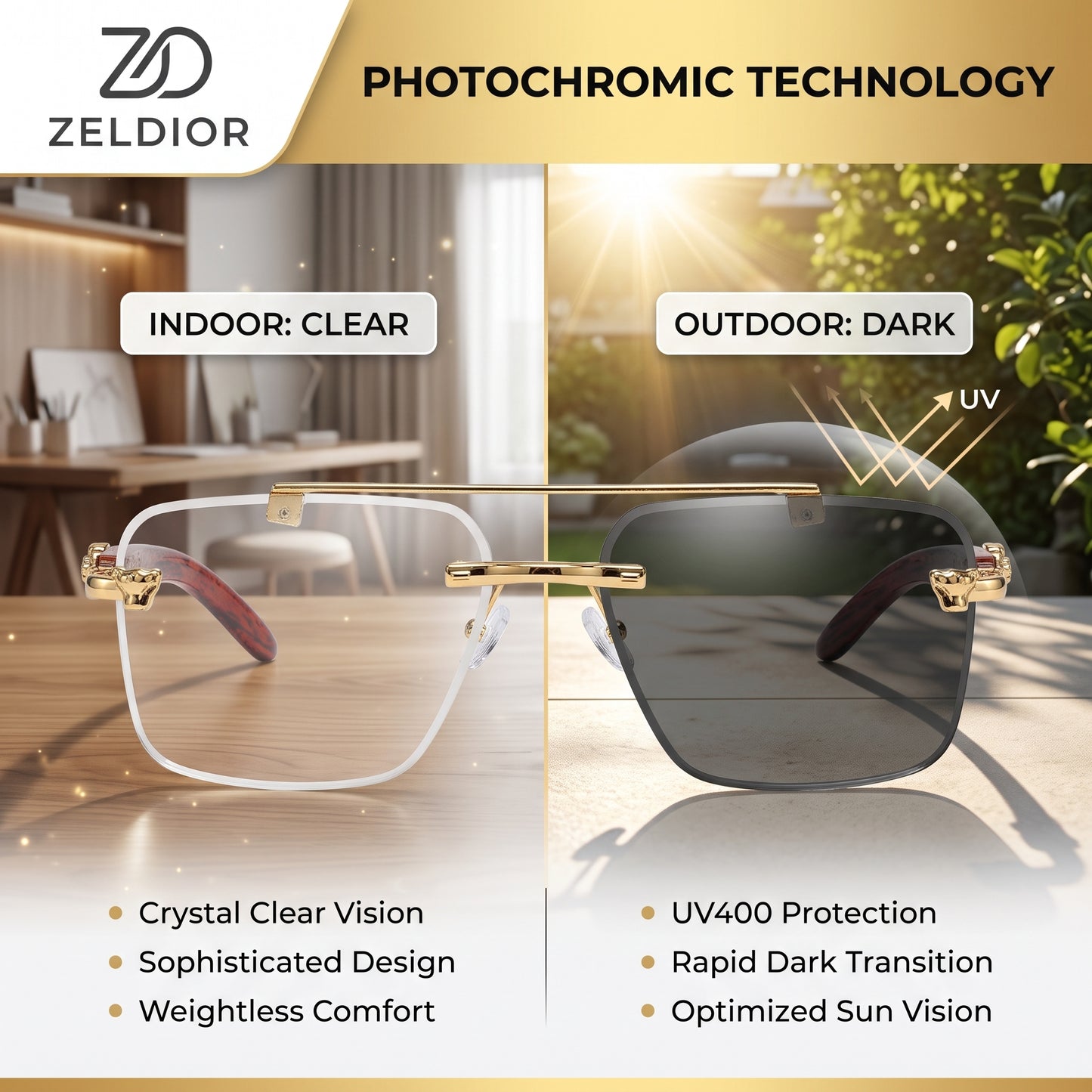 ZELDIOR Rimless Photochromic Aviator Sunglasses – Panther Edition