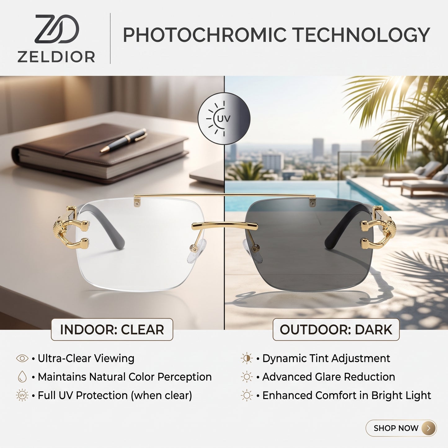 ZELDIOR Rimless Photochromic Aviator Sunglasses – Gold Jaguar Edition