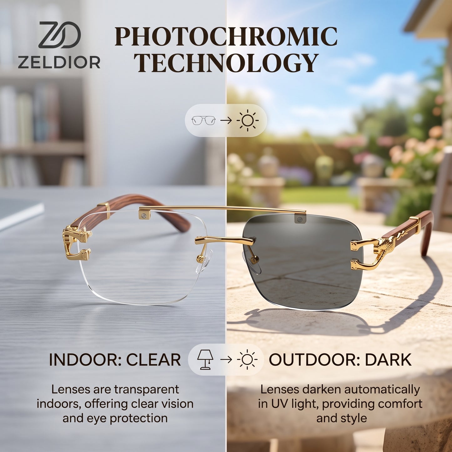 ZELDIOR Rimless Photochromic Aviator Sunglasses – Tortoise Jaguar Edition