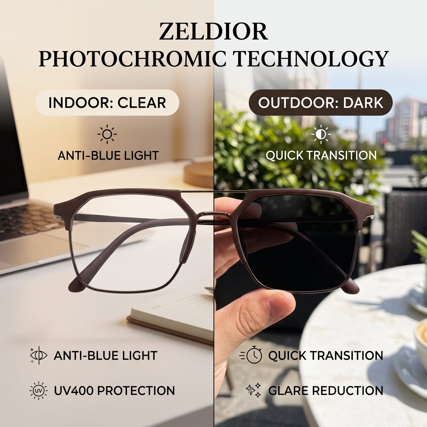 ZELDIOR Photochromic Sunglasses – Adaptive UV400 Lens, Brown Aviator Frame