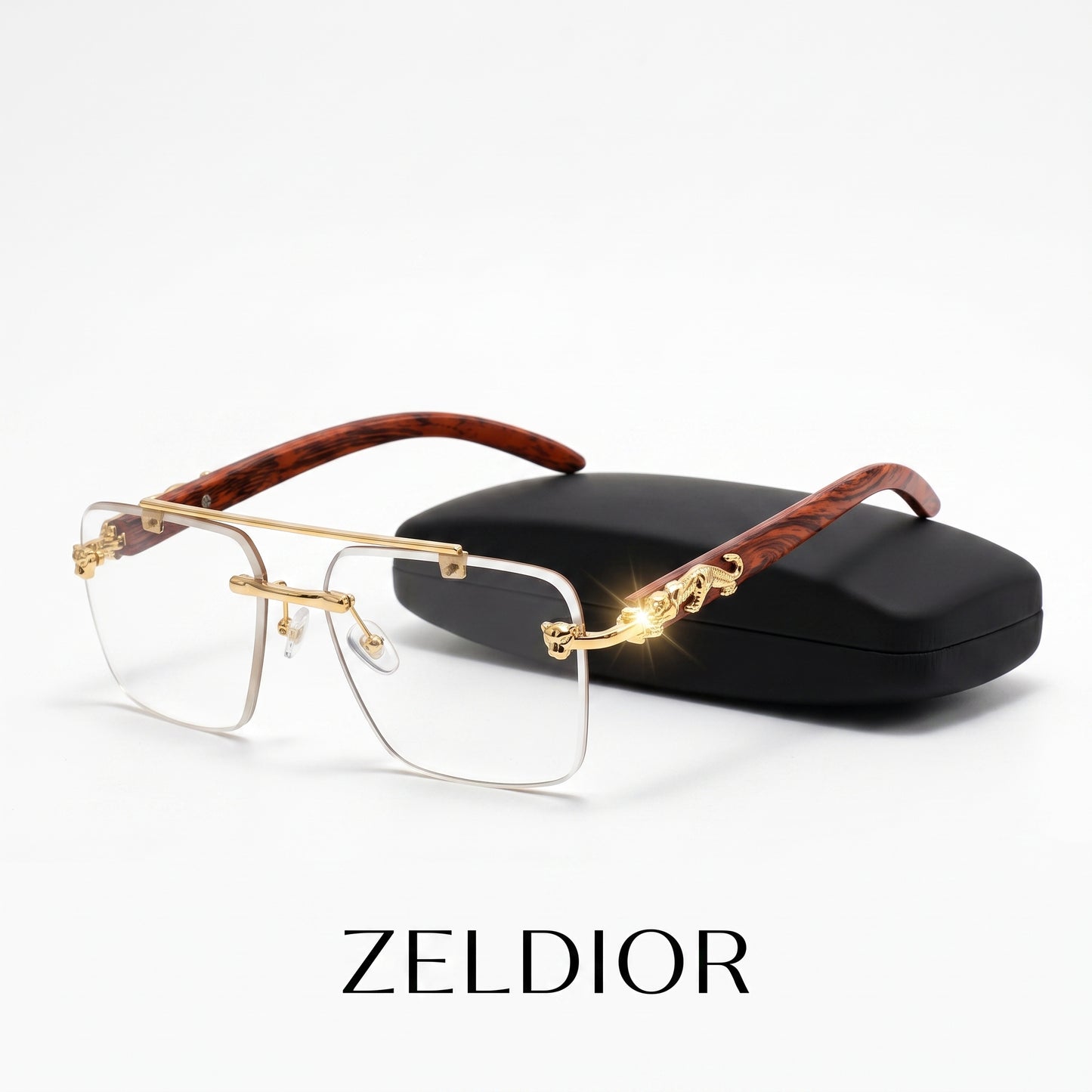 ZELDIOR_rimless_glasses_infographic_2K.jpeg → ZELDIOR photochromic sunglasses indoor clear lens vs outdoor dark lens comparison