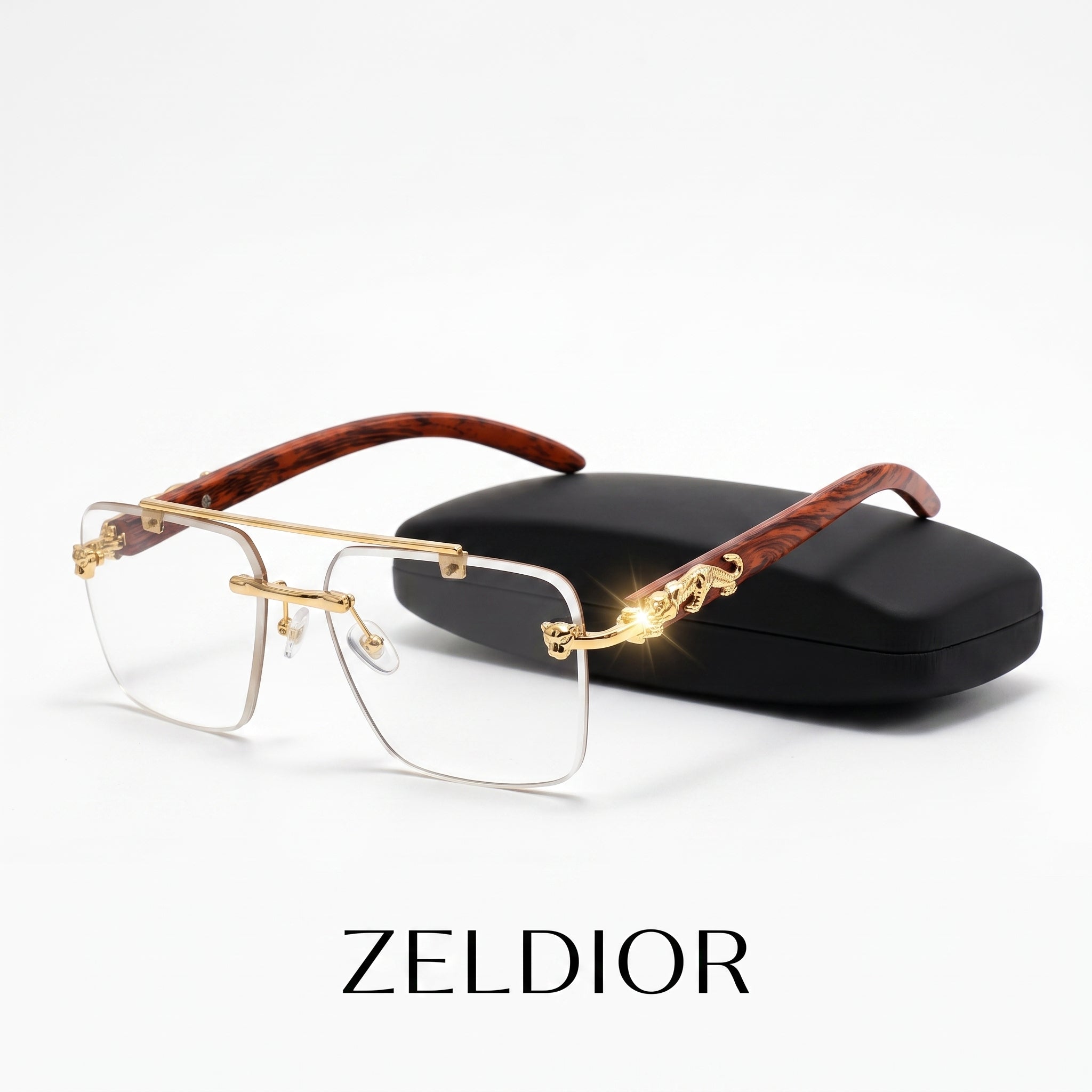 ZELDIOR_rimless_glasses_infographic_2K.jpeg → ZELDIOR photochromic sunglasses indoor clear lens vs outdoor dark lens comparison