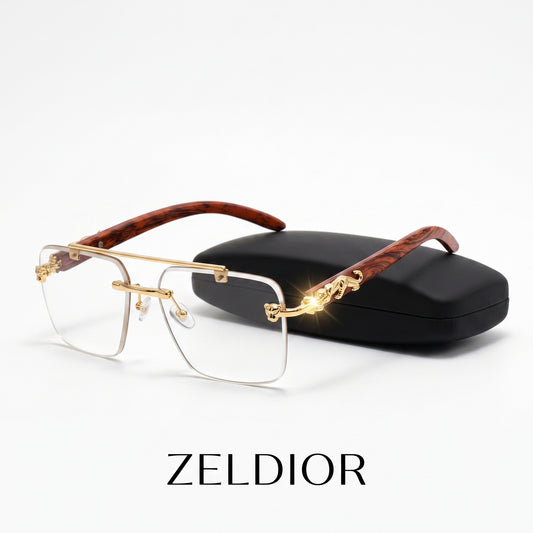 ZELDIOR_rimless_glasses_infographic_2K.jpeg → ZELDIOR photochromic sunglasses indoor clear lens vs outdoor dark lens comparison