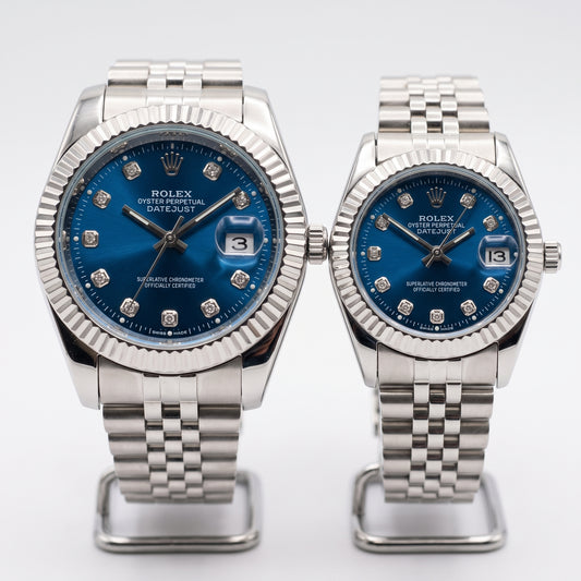 Zeldior Rolex Datejust couple watch blue dial double-lock clasp detail