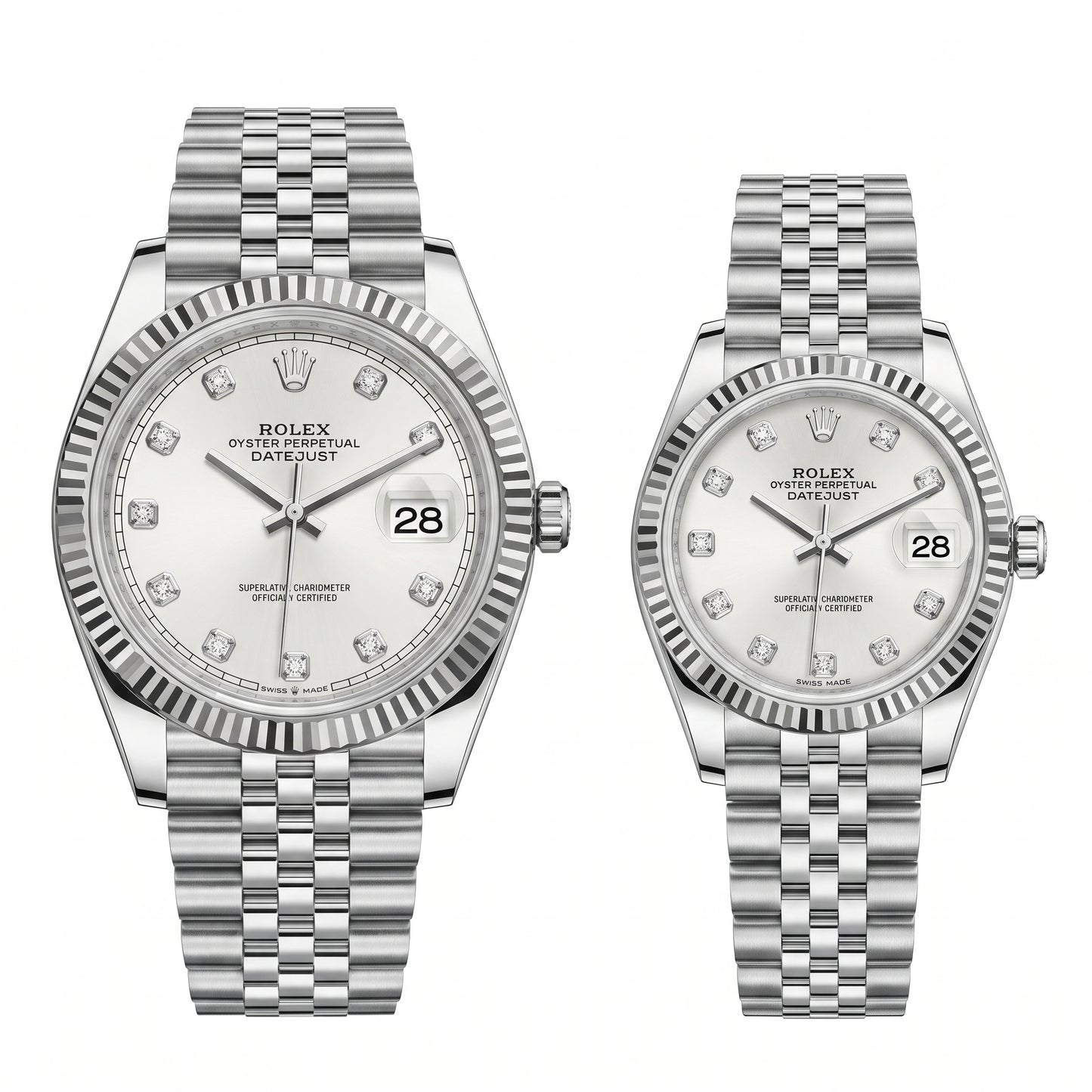 Zeldior Rolex Datejust couple set silver dial both watches angled view