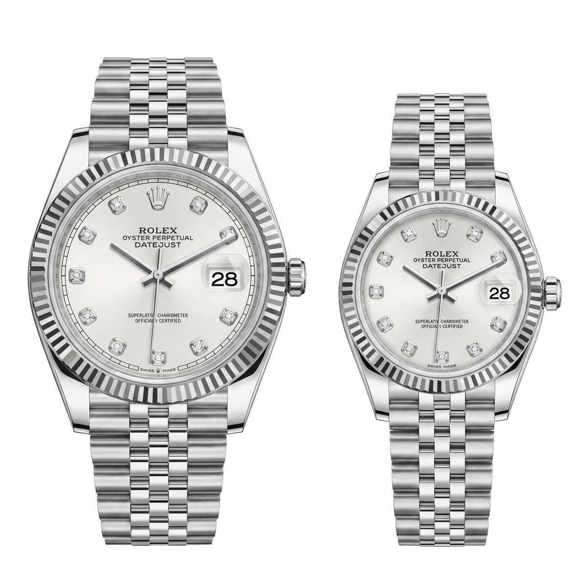 Zeldior Rolex Datejust couple set silver dial both watches angled view