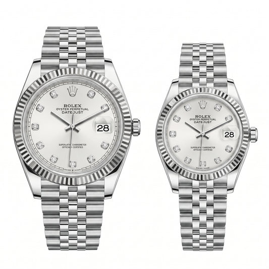 Zeldior Rolex Datejust couple set silver dial both watches angled view