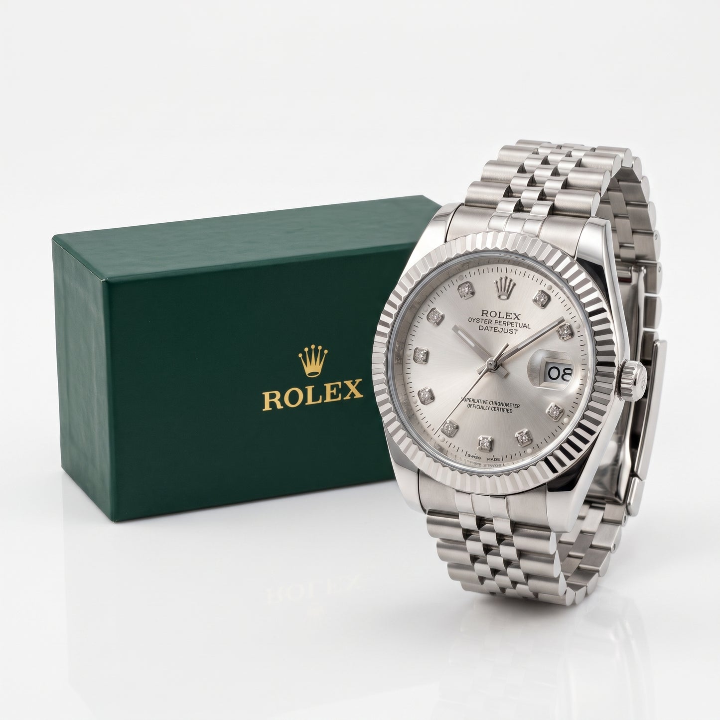Zeldior Rolex Datejust steel watch angled view