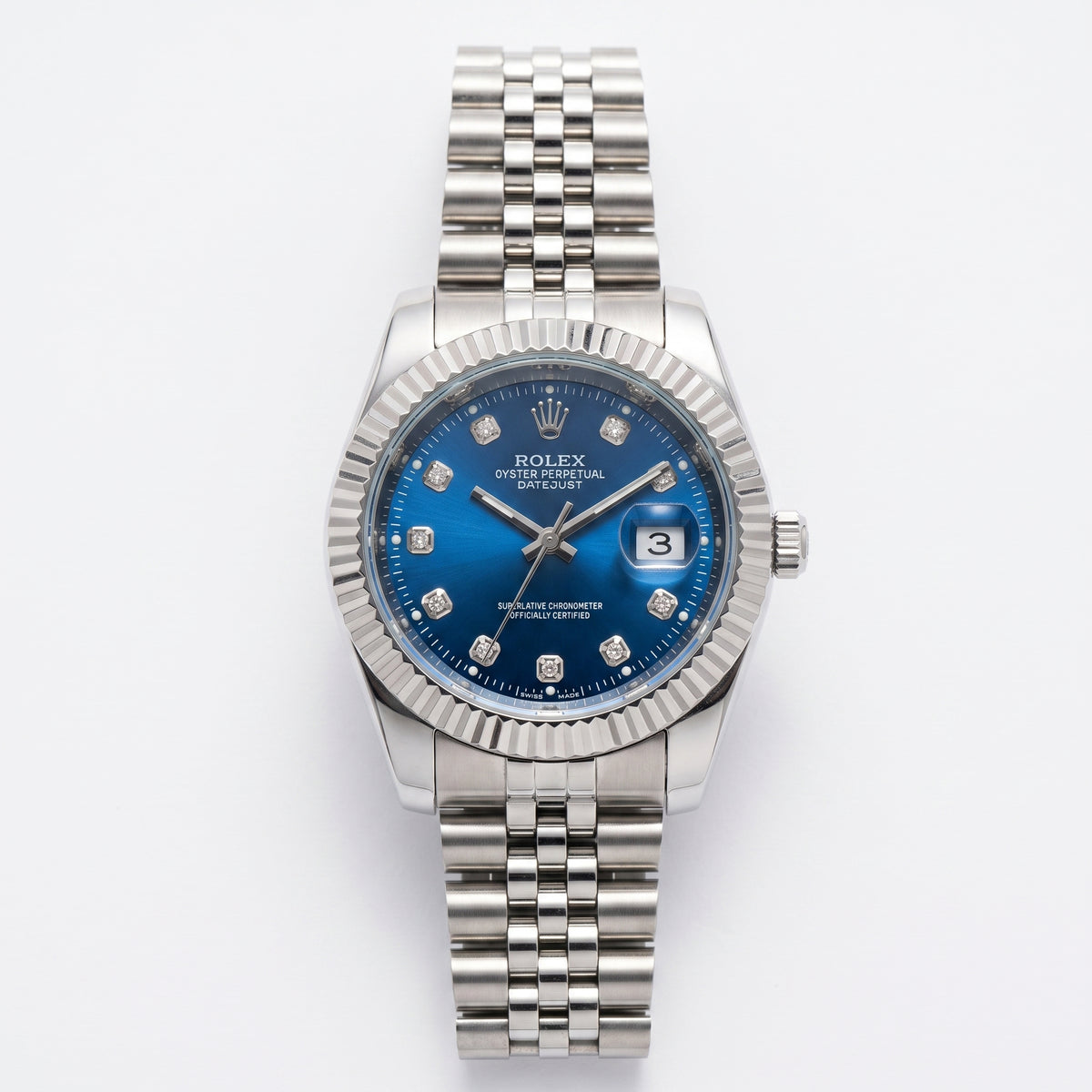 Zeldior Rolex Datejust blue dial watch in original Rolex box